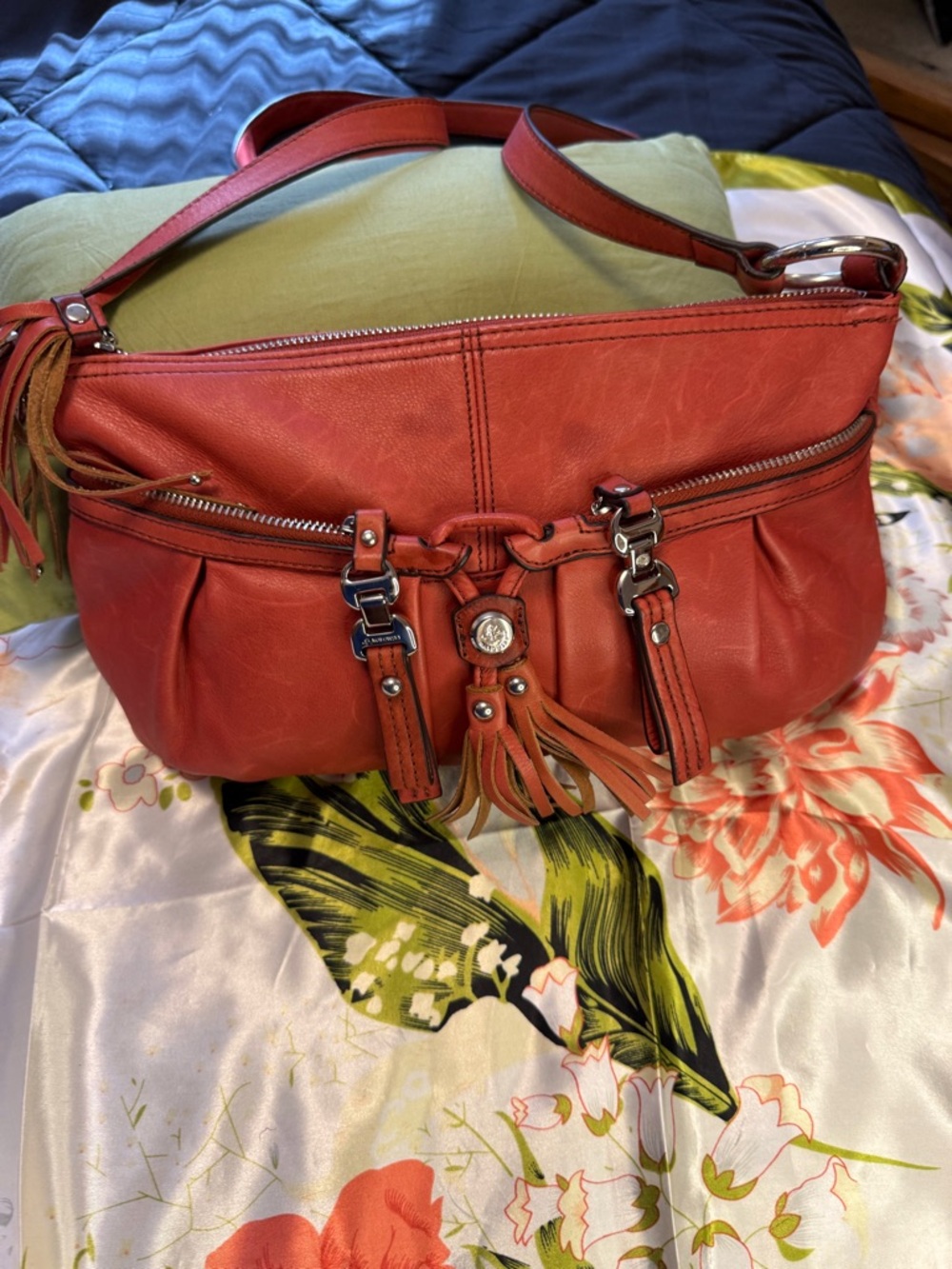 Red Leather Shoulder Bag with Tassel Accent